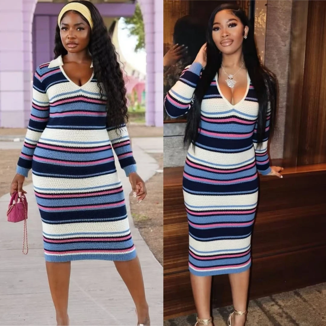 

FAGADOER Autumn New Fashion Stripe Patchwork Bodycon Long Dress Woman Color Block Deep V-neck Dresses Female Streetwear Vestidos