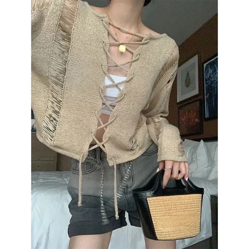 

Y2K Holes Knitted Cardigans Two Side Wear Retro Harajuku Sexy Cropped Jumpers Women Full Sleeve Bandage Outwear Autumn Grunge