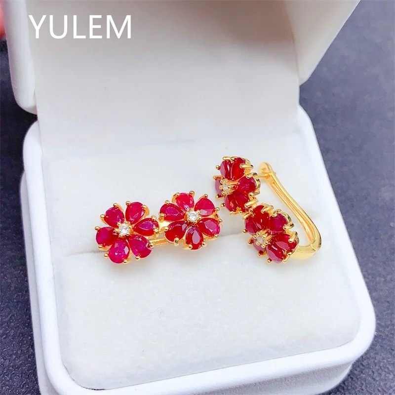 YULEM Natural Ruby Two Flower Leverback Earring Gold Plated Teardrop Ruby Gemstone Drop Earrings For Women Wedding Fine Jewelry