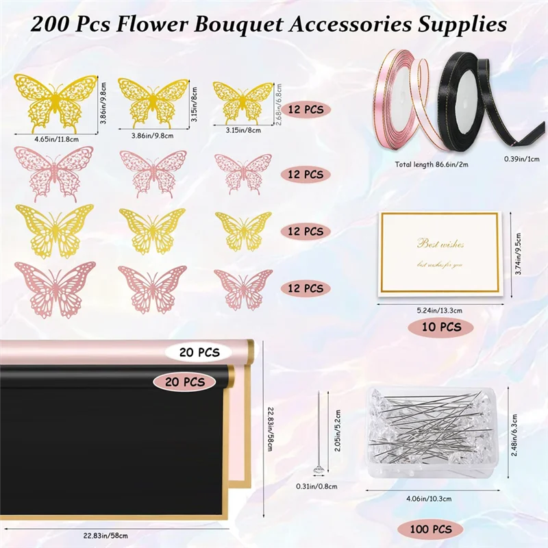 A59E-200Pcs Flower Wrapping Paper Kit, 40 Sheets Waterproof Flower Wrapping Paper, Black & Pink Floral Bouquet Wrapping Paper