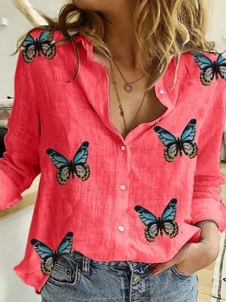 Elegant Cotton Linen Shirts Women Polka Dot Print Button Lapel Blouses Shirts Simple Commute Long Sleeve Loose Tops Tunic Blusas