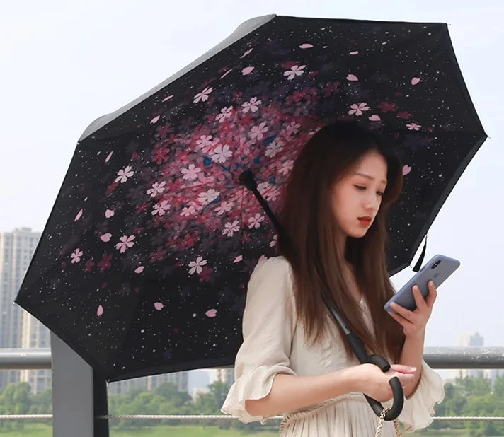 

106cm Double-layer Reverse Umbrella C-Shape Handle UV Umbrella Boys and Girls Sturdy Manual Universal Long Handle Car Umbrella