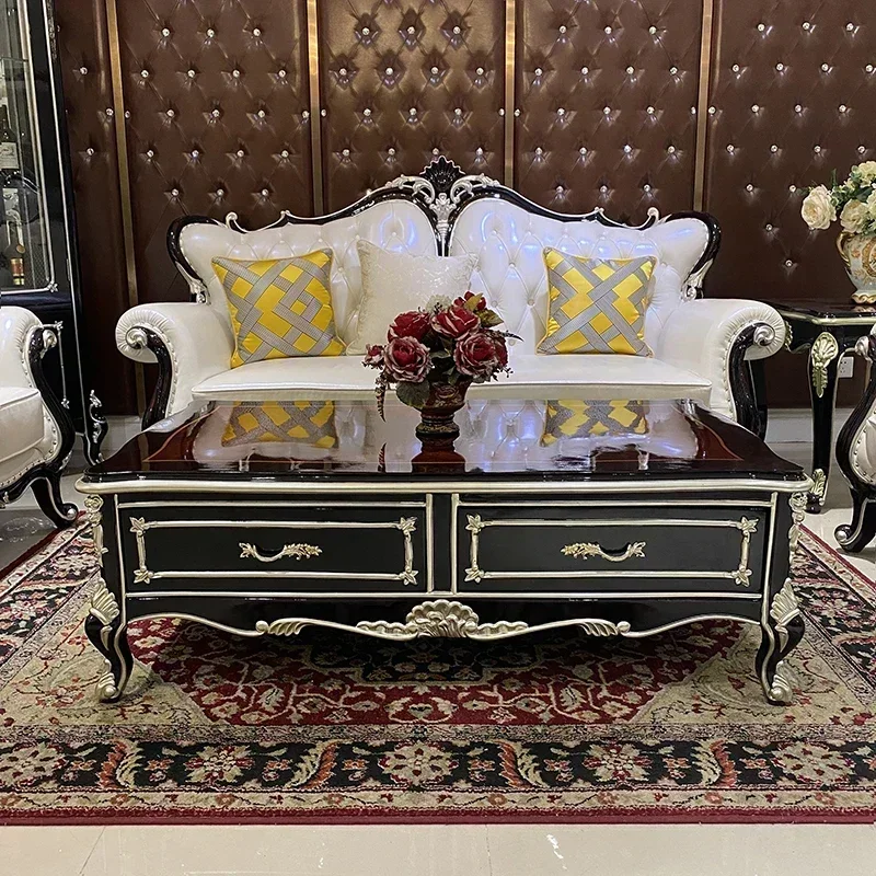 

European style solid wood large tea table luxury living room rectangular tea table small house tea table pasted with wooden skin