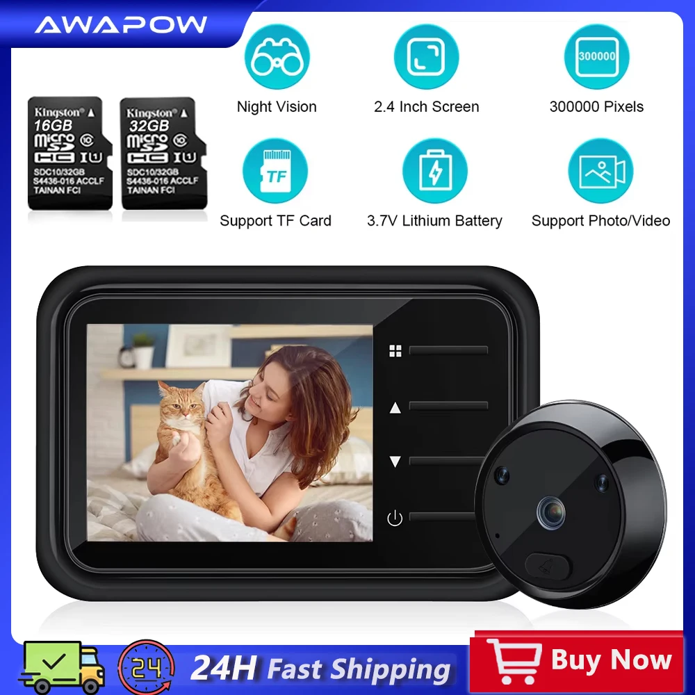 Awapow 야경 감시 초인종 카메라 – 3MP, 120° HD, 2.4인치 스크린, 고양이 눈 문짝 뷰어, 가정 안전을 위한 야외 모니터