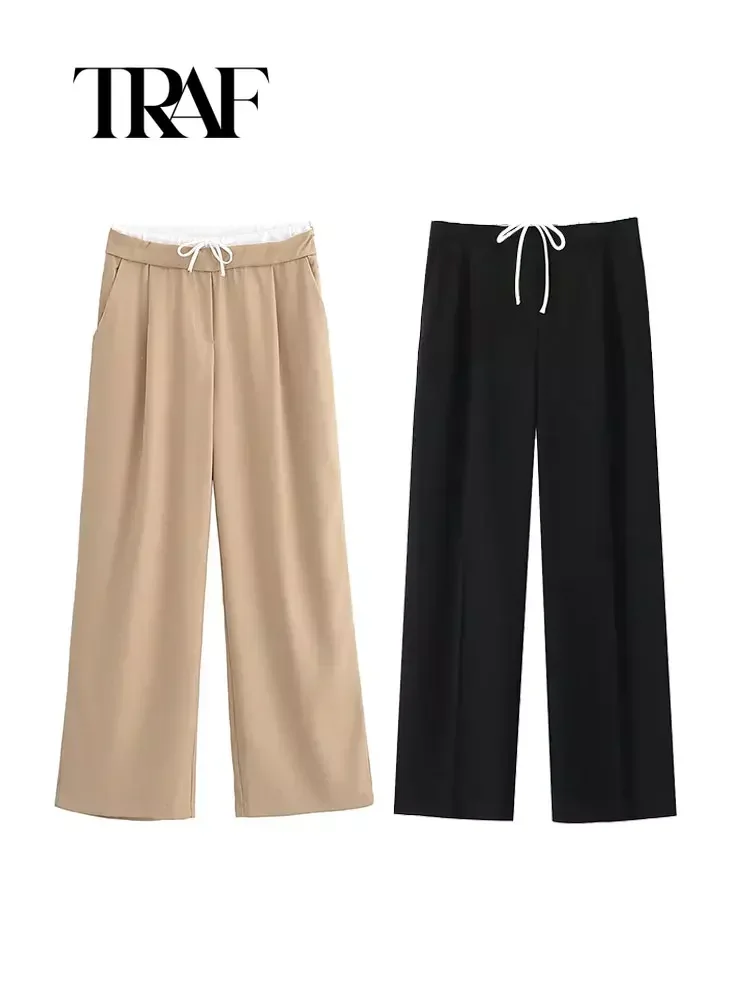 

TRAF Autumn Winter New Product Women Fashion Loose High Waist Casual Splice Design Wide Leg Pants For Women