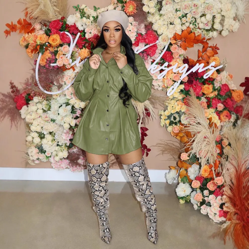 PU レザーのドレス女性のためのラペルシングルブレストシャツミディドレス女性長袖エレガントな A ラインドレスストリート Vestidos