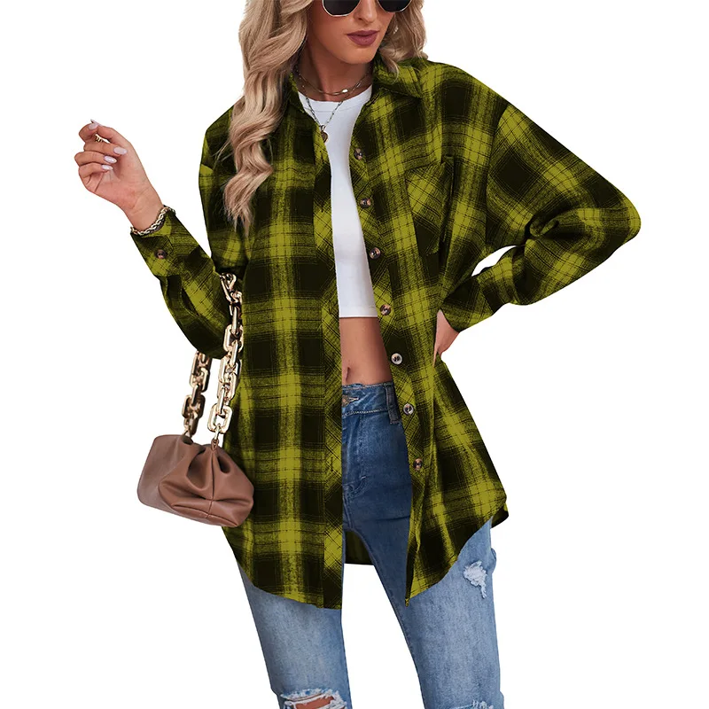 2023 New Autumn and Winter Fashion Simple Plaid Shirt Collar Panel Long Sleeve Temperament Casual Boyfriend Style Loose Shirt