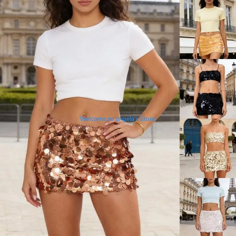 X4YC Women's Sequins Skirt Sparkles Stretchy Bodycon Mini Party Glitter Skirts for Night Out Party Clubwear