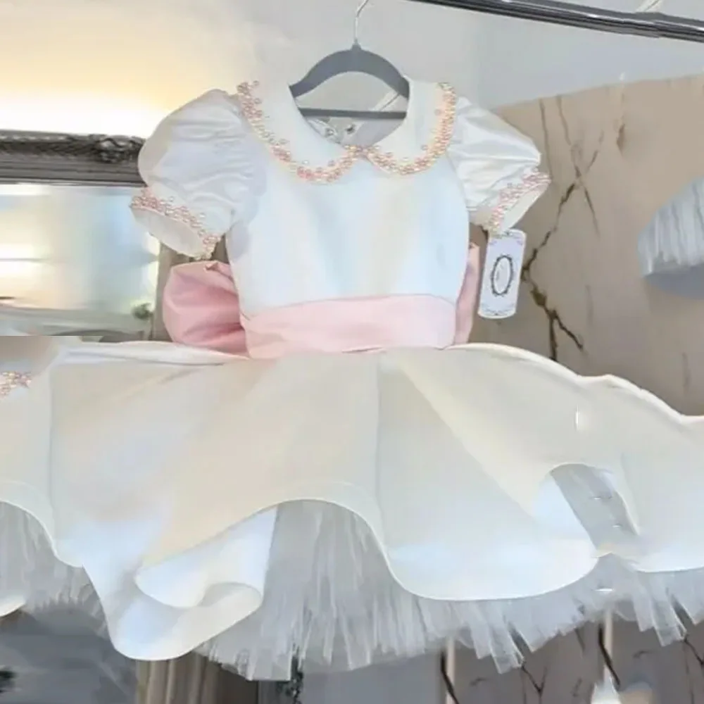 

Mini Short Flower girls Dress O Neck A Line Short Sleeves Knee Length Child Dress Beading For Wedding