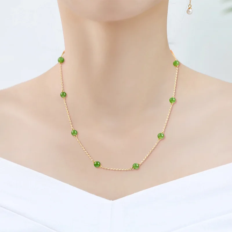 Authentic Old Materials Natural Hotan Jade Jasper Apple Green Ball Chain Set Ladies Temperament High-end Jewelry Wholesale