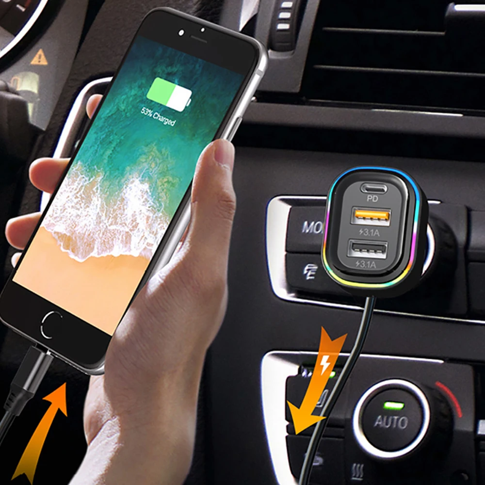 3 in 1 Car Charger Mini Type-C Dual USB Charger PD36W Fast Charging 12-24V Car Cigarette Lighter Cell Phone Charger Adapter