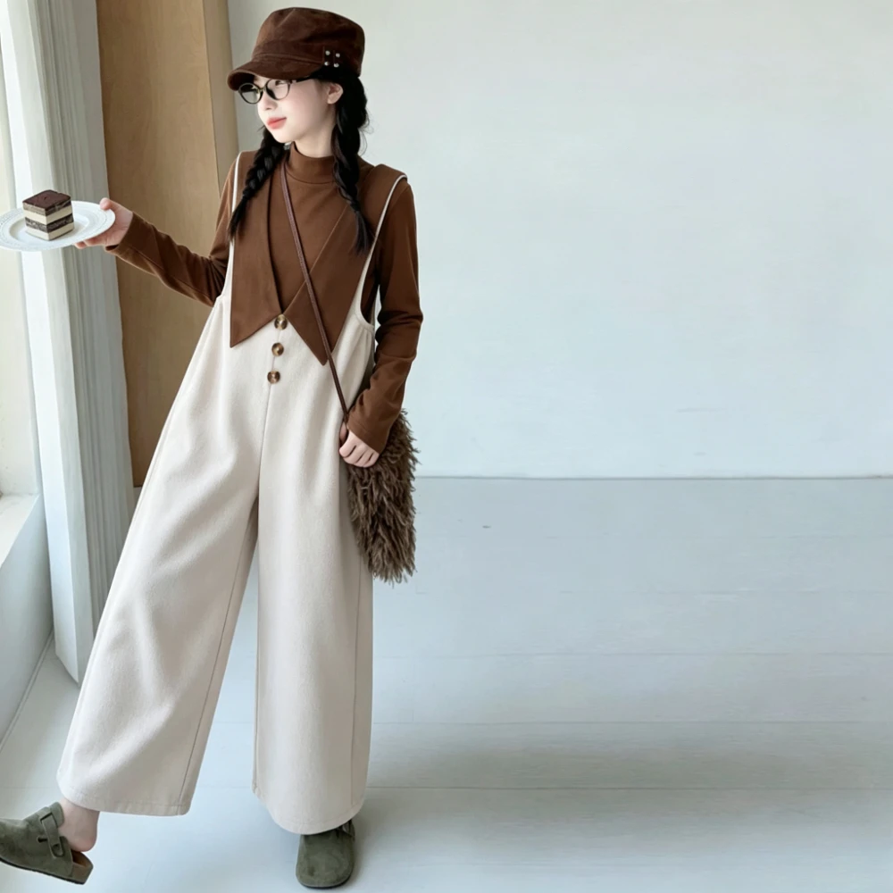 Bear Leader 9 Months To 7 Year Old Autumn Baby Girl Clothes Fashion Casual Coffee Color Half Collar Top + Jumpsuit Two-piece Set