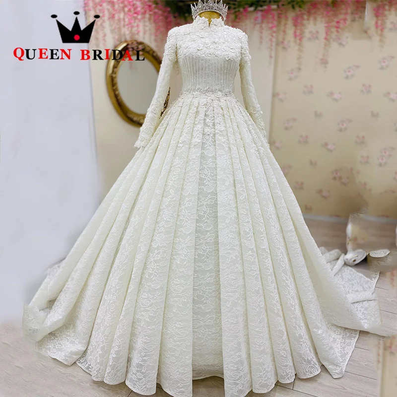 

Exquisite Dubai Muslim Wedding Dress Long Sleeve Lace Appliques Flowers Beaded Bridal Ball Gown Robe De Mariée Custom J84Q