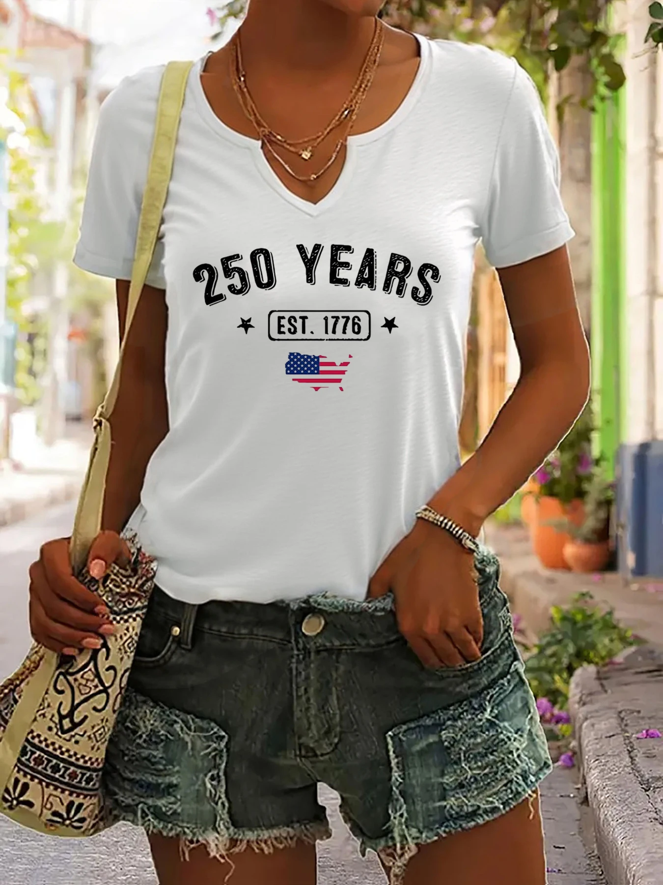Women's Summer V-Neck Short Sleeve T-Shirt, 250 Years EST.1776 USA Flag Print, Patriotic Casual Fashion Top