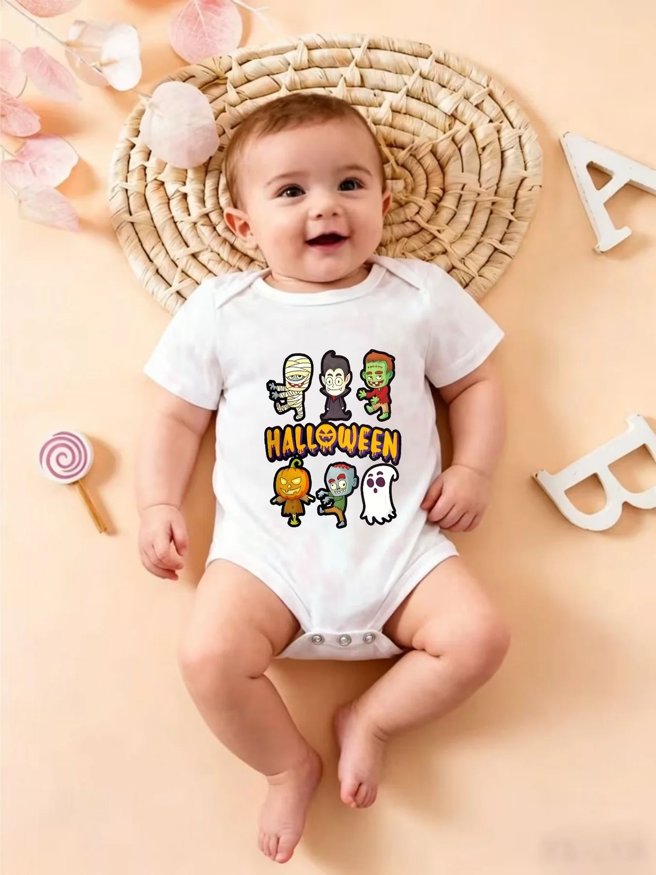 Cute Baby Triangle Onesie with Monster Collection Print, Stylish and Lovely Casual Jumpsuit, Suitable for Daily Crawling