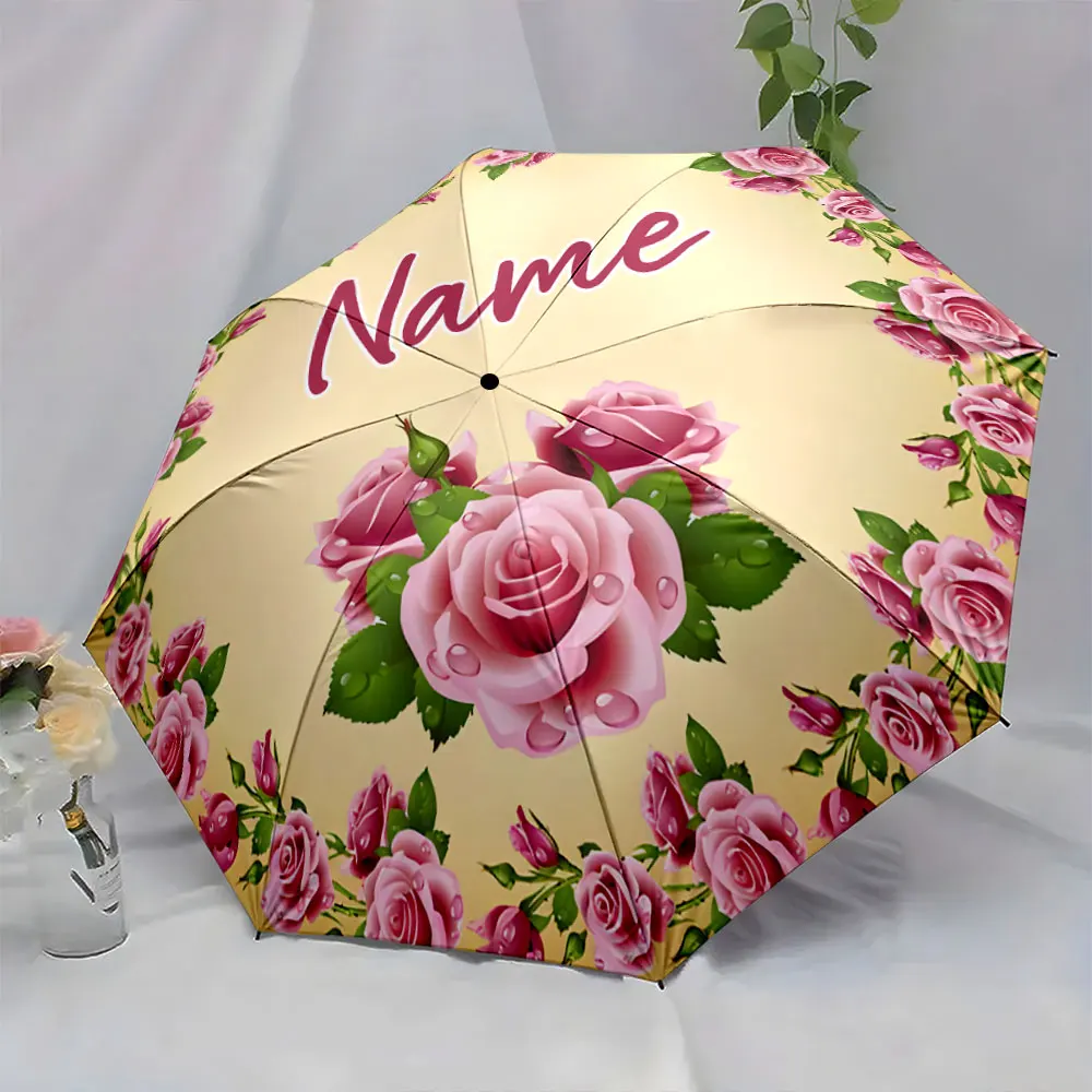 Custom Name Romantic Rose Design Umbrella for Stylish Use Print 8 Iron Ribs Folding Umbrella, Auto-Open Fashion Sunshade
