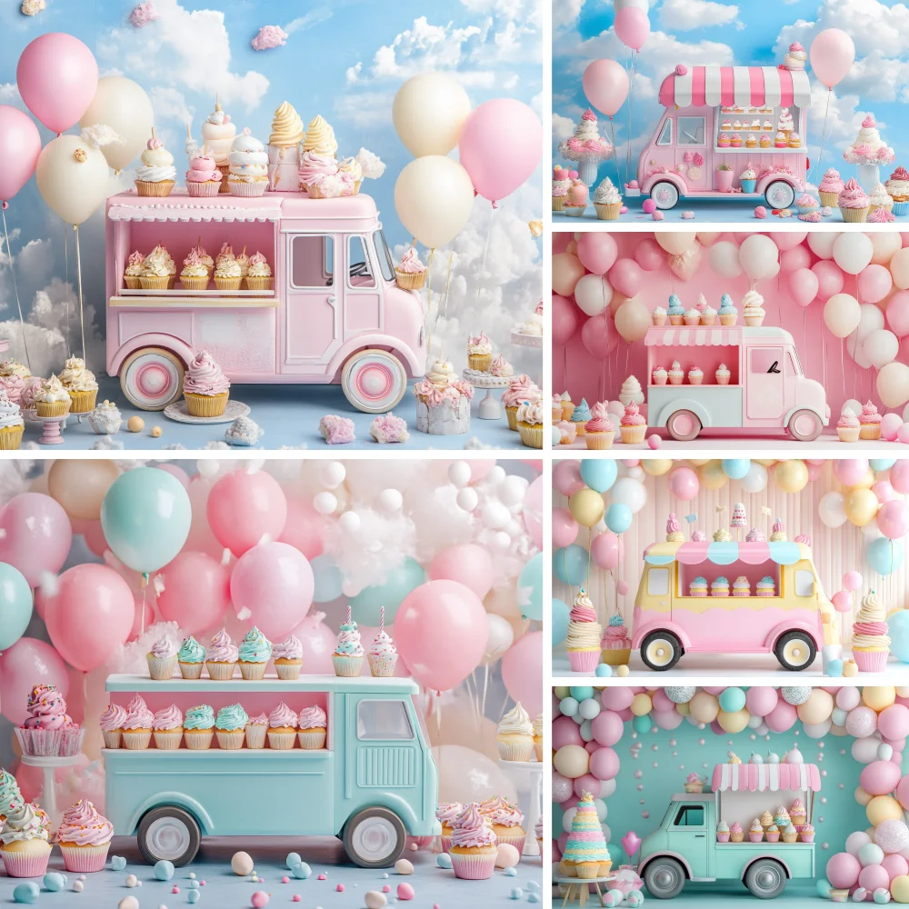 

Pink Ice Cream Truck Dessert Backdrop Cloud Stars Candy Princess Girl Birthday Party Decor Baby Shower Photography Background