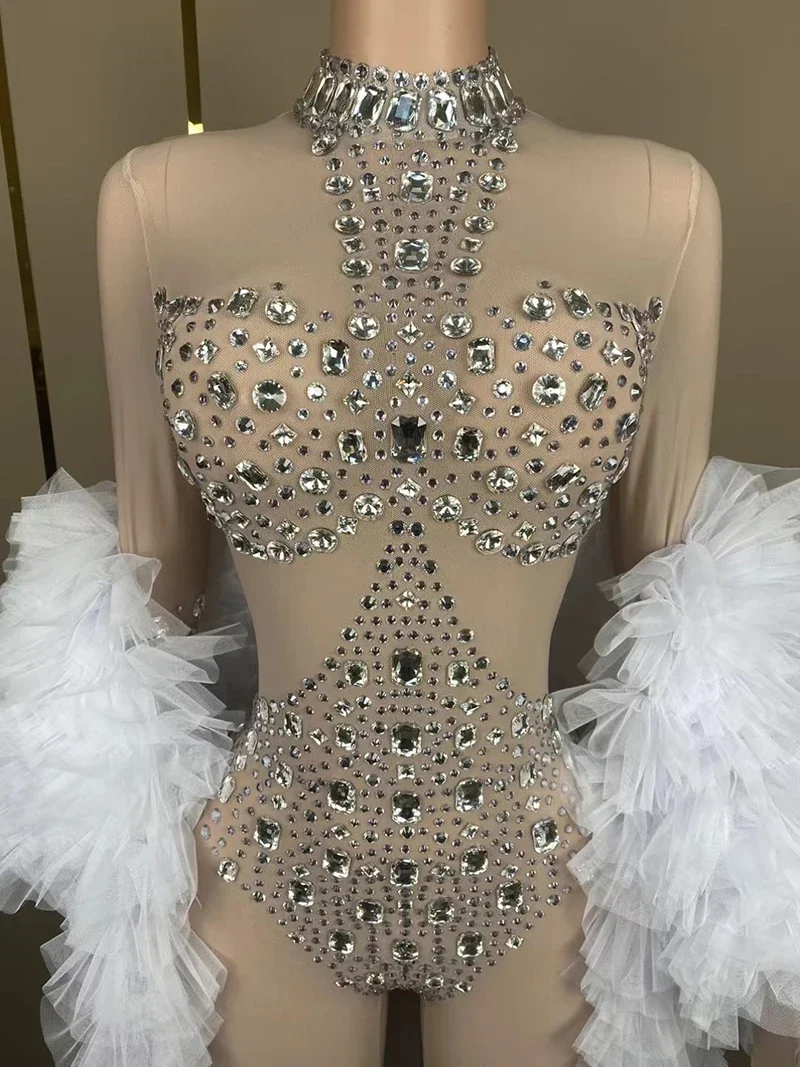 Mono de malla con diamantes de imitación para mujer, traje largo de hilo blanco para discoteca, Bar, actuación de Dj, vestido de fiesta de noche