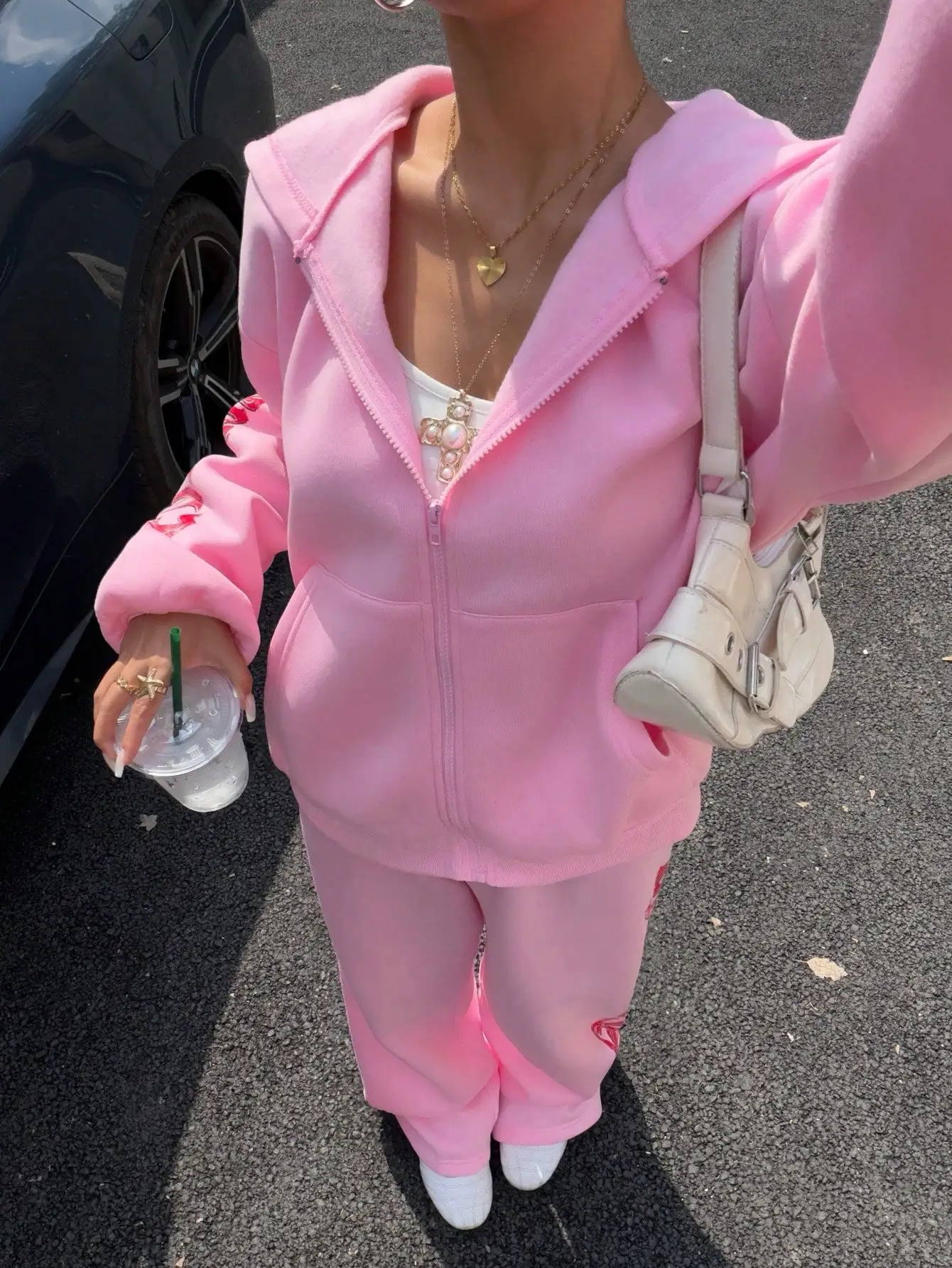 핑크 Y2K 후드 집업 스웨트셔츠 & 레드 그래픽 프린트가 있는 스웨트팬츠 세트, 스트리트웨어 캐주얼 의상