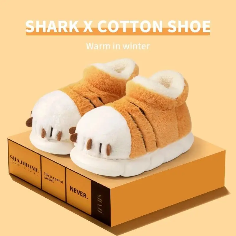 Cartoon Tiger Paw Slipper Women Men Winter Warm Furry Slides Shoes 44-45 Animal Claw Plush Platform Booties Unisex Home Slippers