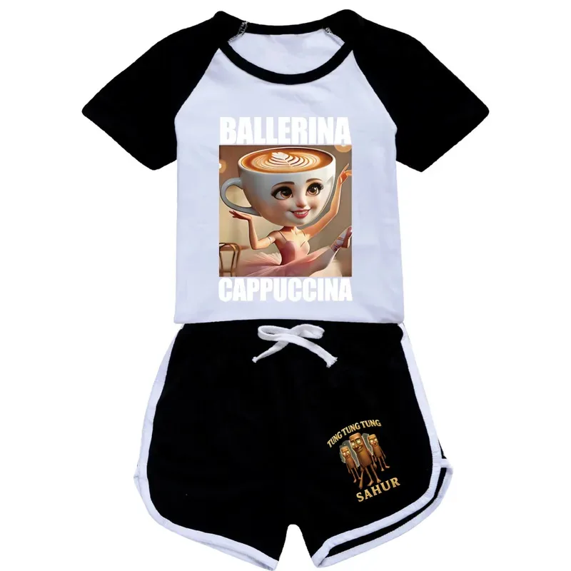 لطيف راقصة الباليه Cappuccina ملابس الاطفال الصيف تونغ صحور بيجامة طفل الفتيات قصيرة الأكمام تي شيرت + السراويل طفل الفتيان ملابس النوم #4