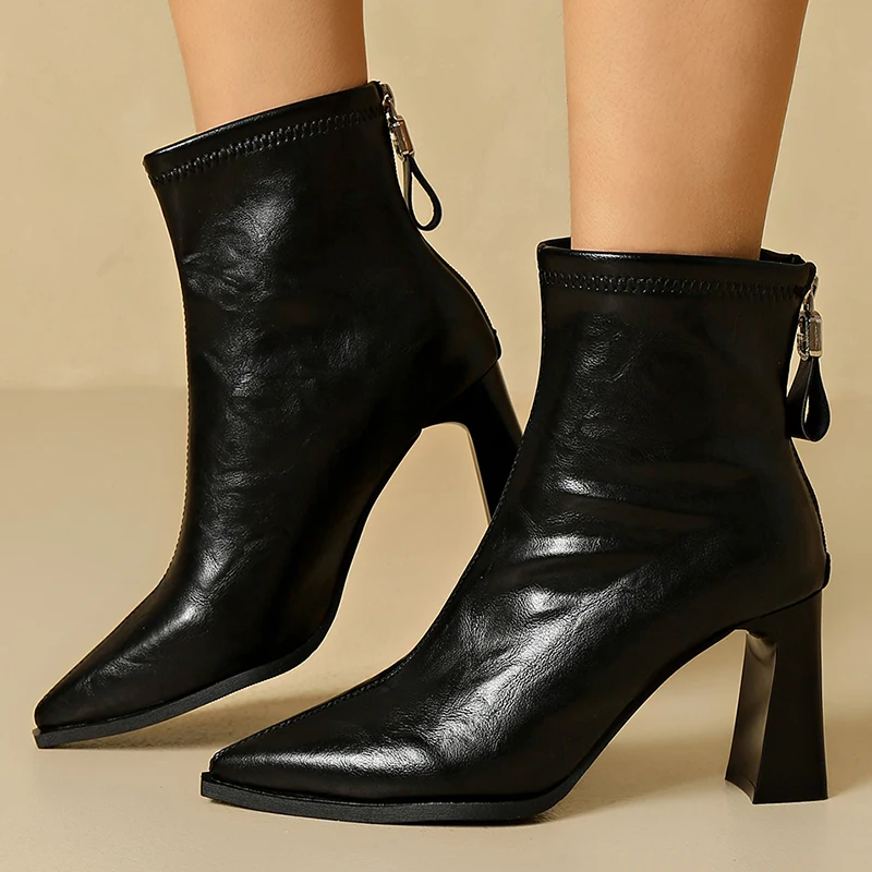 Women's Pu Leather Black Ankle Boots 2025 Autumn Pointed Toe High Heel Short Boots Woman Back Zipper Thick Heels Chelsea Booties