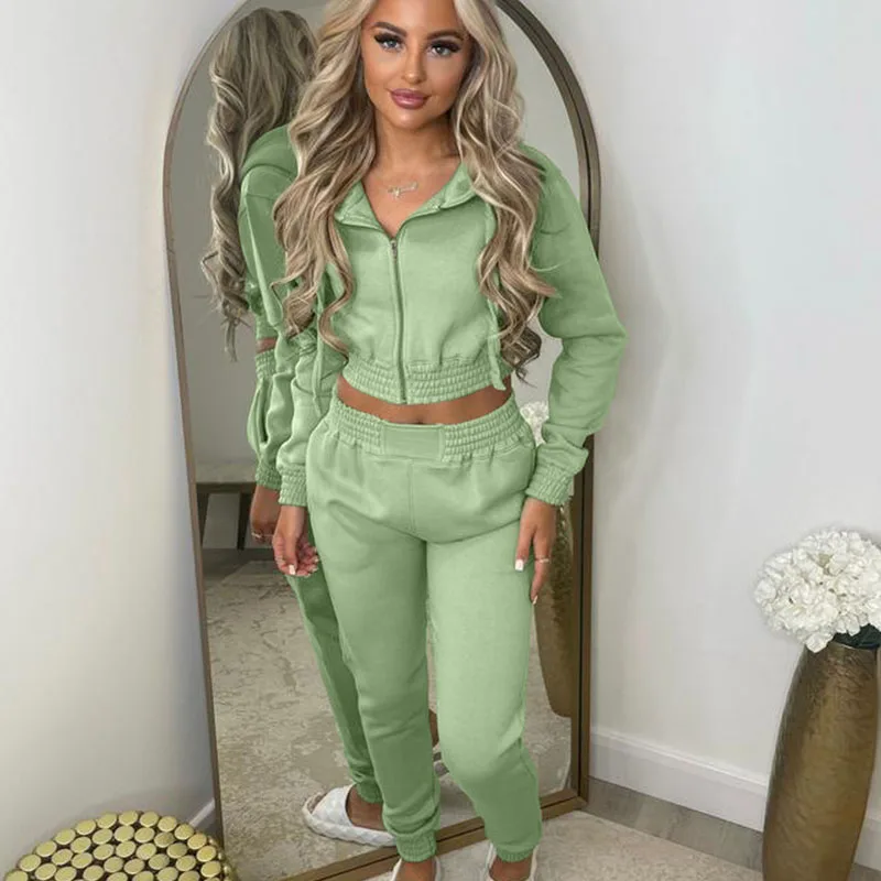 Solid Sporty Casual Two Piece Set for Women Tracksuit Active Wear Long Sleeve Zipper Hoodede Sweater Top and Pants Matching Sets