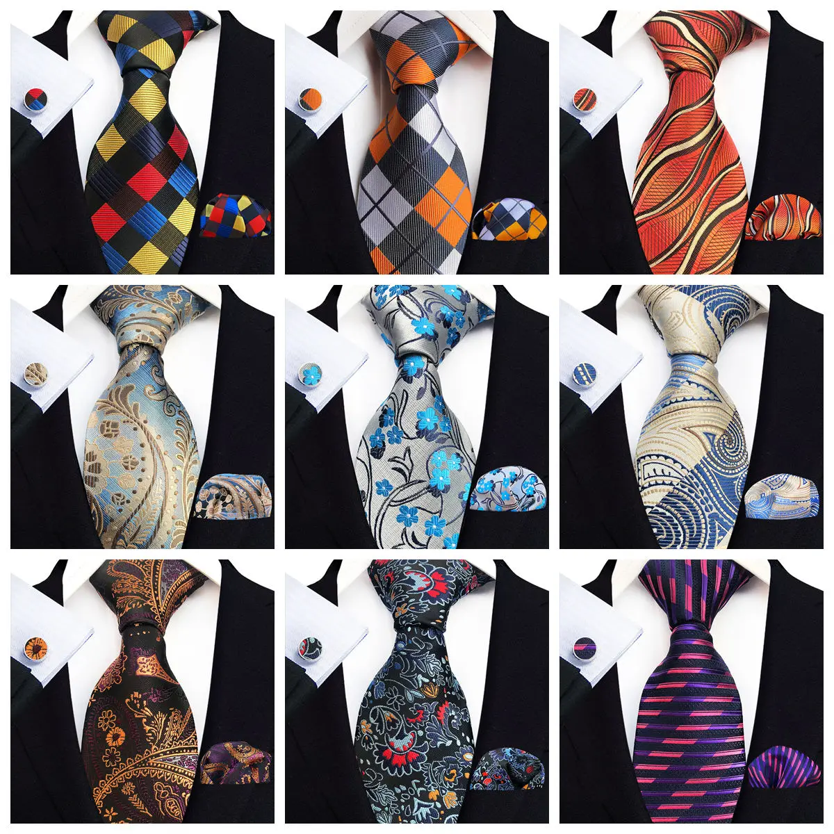 

Элегантный мужской комплект: галстук с узором пейсли, галстук в клетку, платок для кармана и запонки (3 предмета). Аксессуары для свадьбы, банкета, деловых мероприятий и торжественных вечеринок.