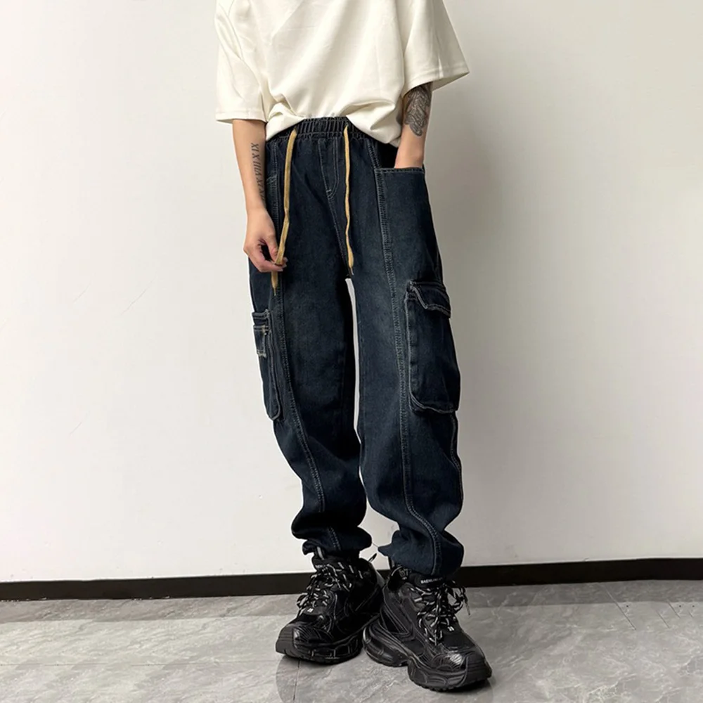 

2025 Summer New Men's Solid Color Jeans Overalls Korean Retro Fashion Casual Simple Hip-Hop Trend Loose All-match Men's Bottoms