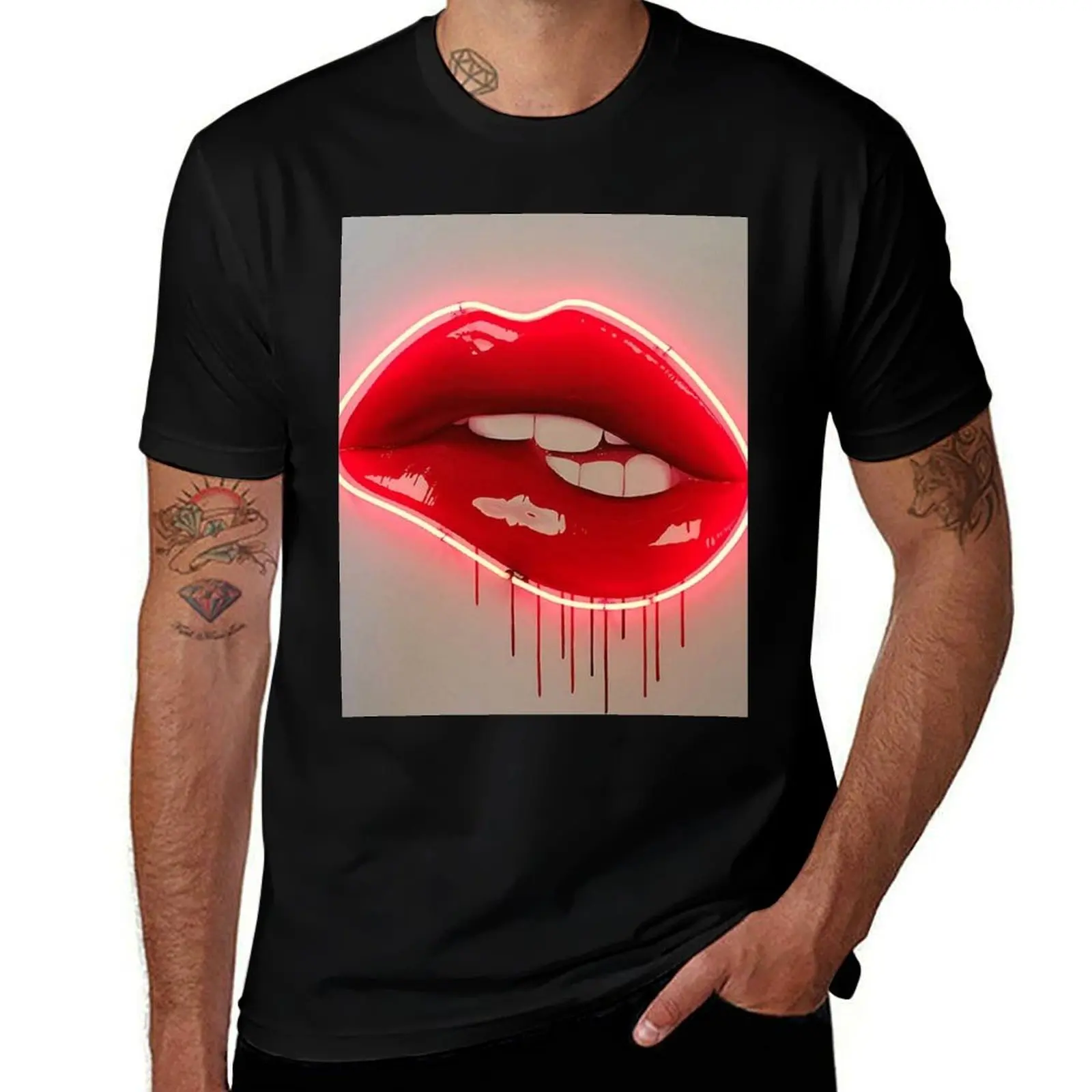 Neon Lip Biting Tapestry T-Shirt graphics customs clothing for men