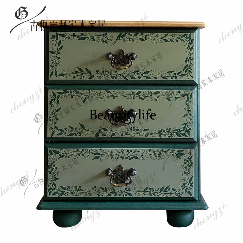 Neoclassical painted bedside table retro jadeite green storage American drawer cabinet multi-function can be customized