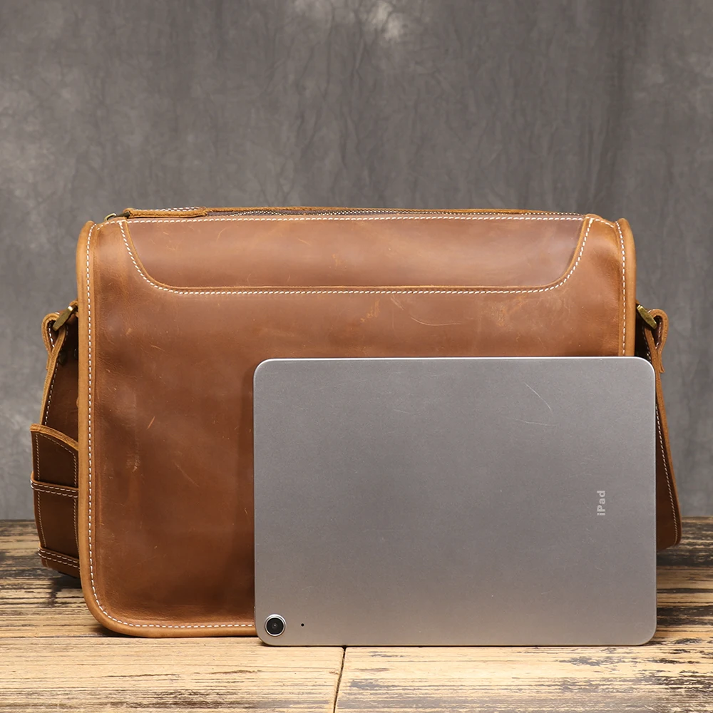 ROOG Classic Vintage Leather Crossbody Bag, Made From First-Layer Crazy Horse Cowhide, Fits A 13-Inch iPad.