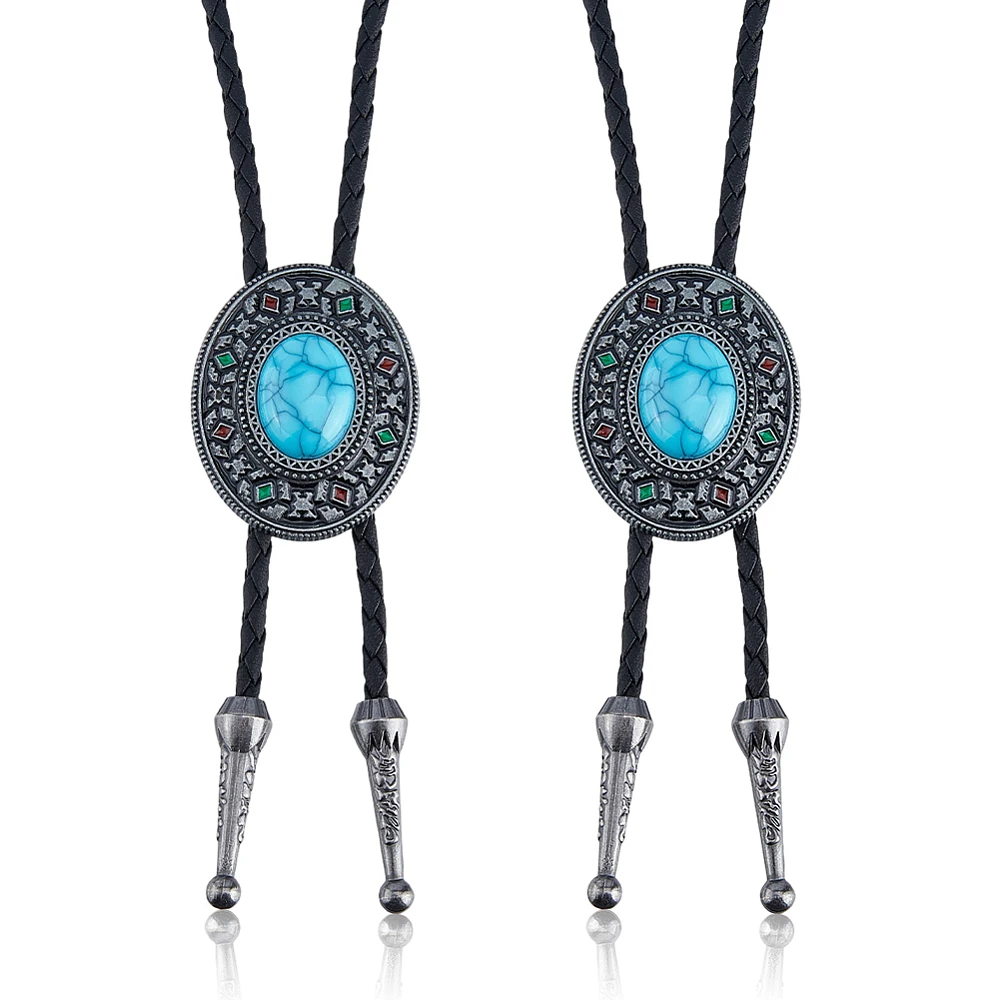 2Pcs Western Cowboy Bolo Tie Pave Turquoise Bolo Cowboy Necklace 96cm Adjustable Leather Necktie Silver