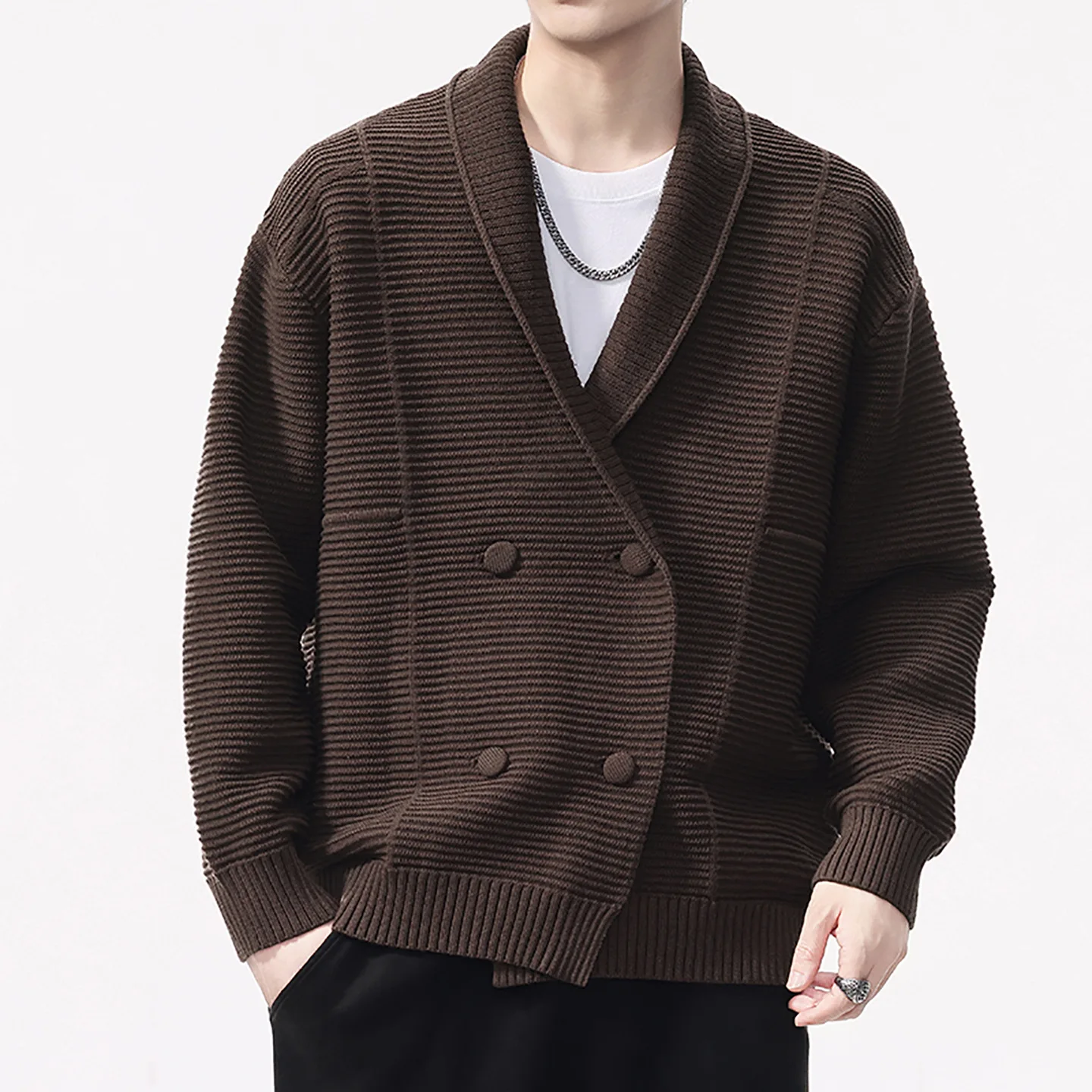 

New Fashion Autumn Winter Men's Solid Color Turn-down Collar Double-breasted Long Sleeve Knitted Cardigans Male Coats Clothes