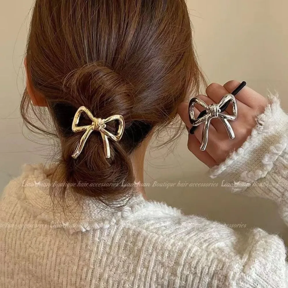 1/5Pcs Bowknot Hair Ties Metal Elegant Hair Bands Ropes Gold Silver Ponytail Holder Elastic Rubber Hair Scrunchies