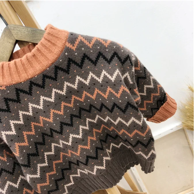 Autumn Winter Infant Baby Boy Sweater Cotton Wave Striped Long Sleeve Kid Boy Pullovers Round Collar Velvet Toddler Boy Knitwear