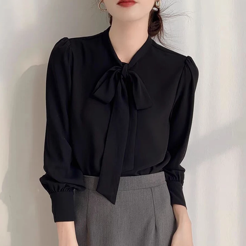 Women Clothing Solid Bow Chiffon Shirts Autumn Long Sleeve Loose Casual Fashion Blouses Office Lady Daily Commute Tops