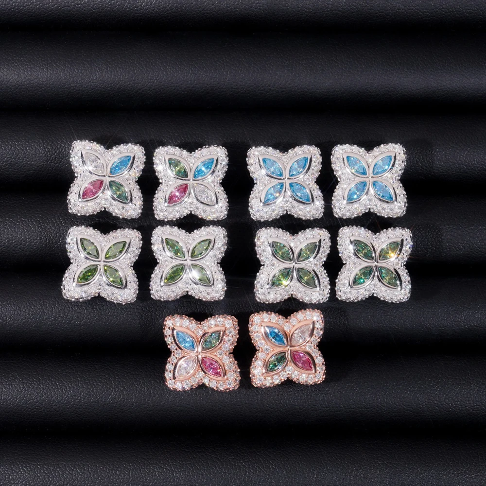 Iced Bling Colorful Moissanite Clover Stud Earrings 925 Sterling Silver Fine Jewelry Lab Diamond Flower Earrings Pass Tester