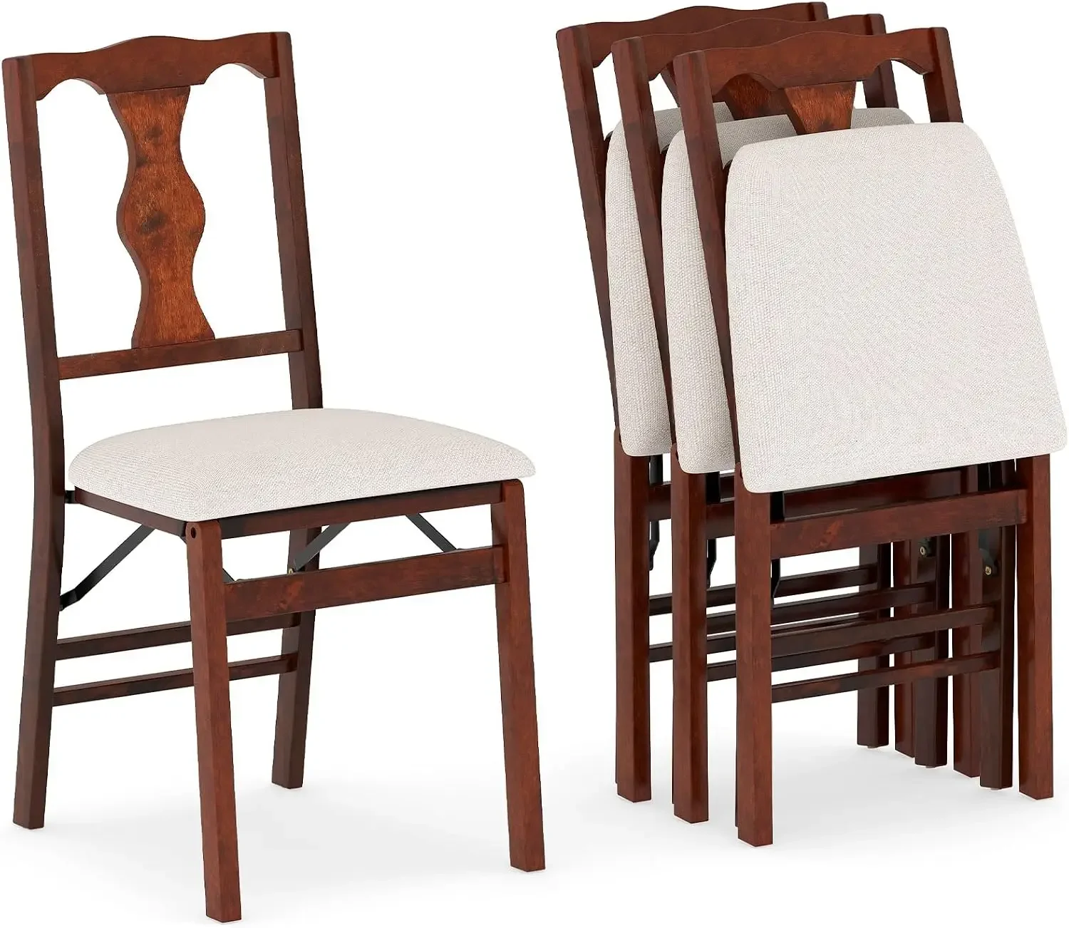Folding Dining Chairs Set of 4, Linen Fabric Upholstered Kitchen Chairs with Rubber Wood Frame and Padded Seat, Space Saving Arm