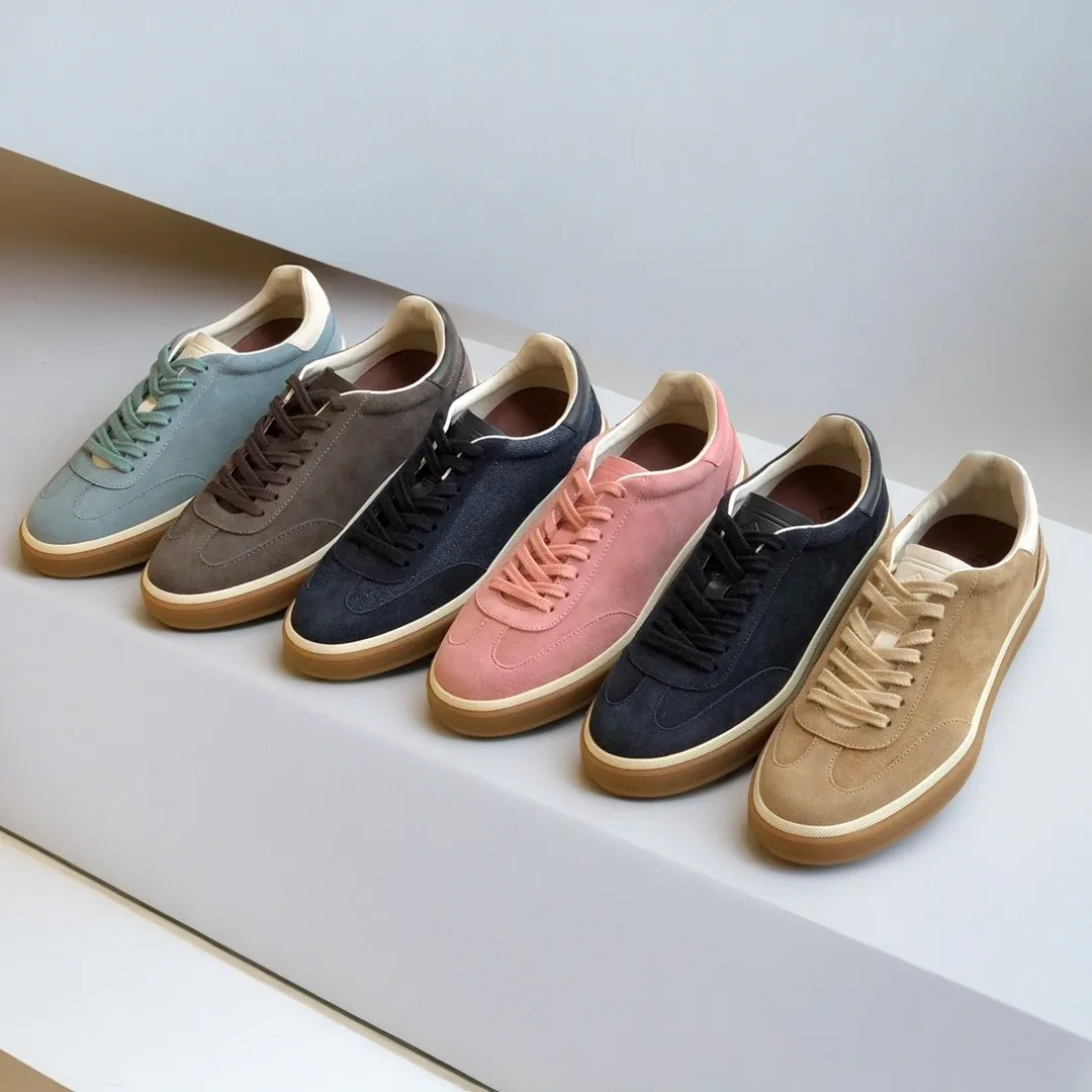 

Retro Suede Deuxin Shoes Low Cut Lace up Luxury Flat Bottom Casual Board Shoes Genuine Leather Breathable Couple Style