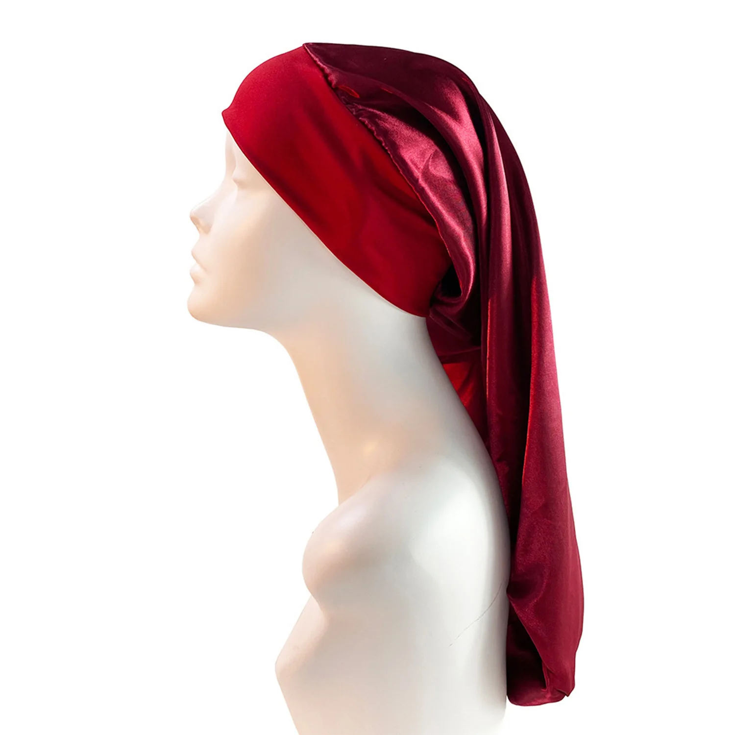 Neue Lange Satin Motorhaube Schlaf Kappe Frauen Seidige Schlaf Kappe Mit Breiten Gummiband Haarpflege Turban Zöpfe Lockiges Haar Natürliche Haar – Detail 4