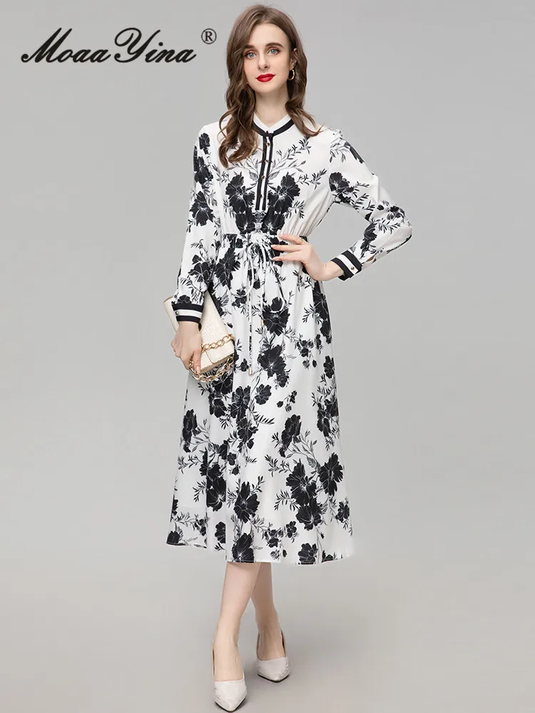 

MoaaYina Springf Fashion Designer Elegant Floral Print Dress Women's Long Sleeve Elastic Waist Slim Midi Dress