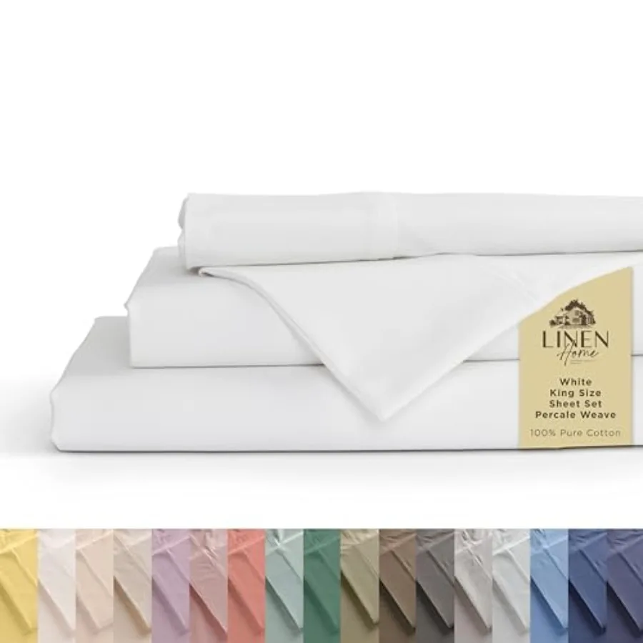 

100% Cotton Percale Sheets King Size, White, Deep Pocket, Set - 1 Flat, 1 Deep Pocket Fitted Sheet and 2 Pillowcases, Crisp Coo