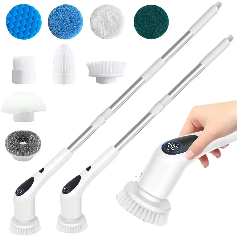 The most popular household cleaning wireless bathtub electric cleaning brush with long handle, 9 replaceable brush heads,