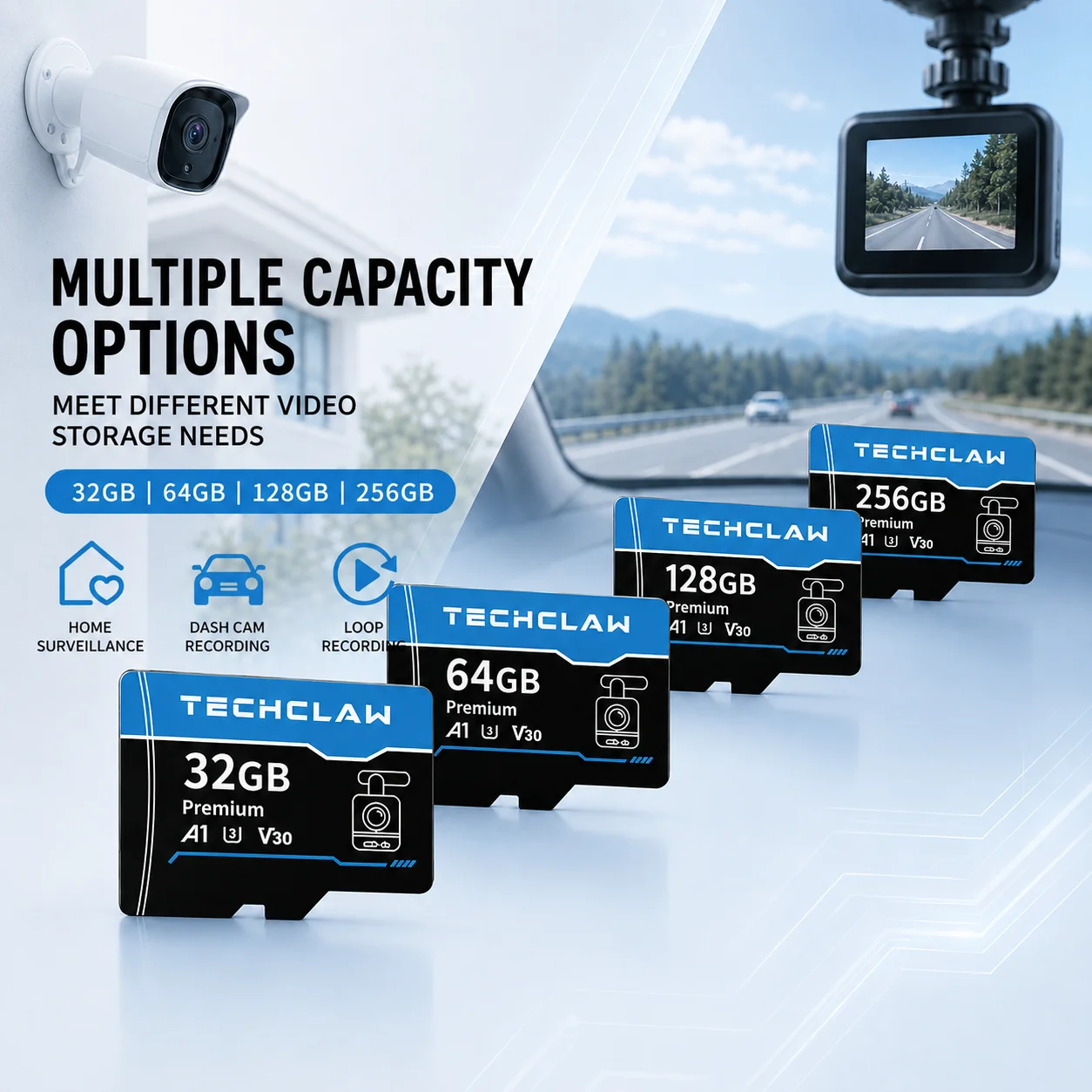 Karta pamięci TECHCLAW 4K Micro SD do kamery samochodowej, kamery bezpieczeństwa, kamery DJI na zewnątrz, U3 A1 V30, szybka karta pamięci TF 32GB/64GB/128GB — zdjęcie produktu 3