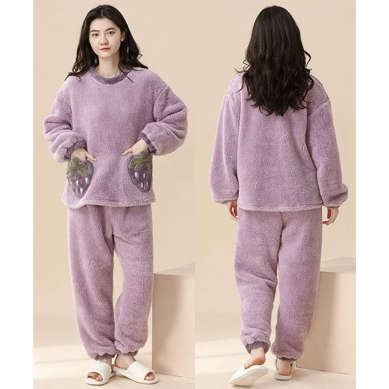 2023 New Coral Fleece Pajama Women's Autumn Winter Thick Loungewear Flannel Sleepwear Solid Color Round Collar Loungewear Set