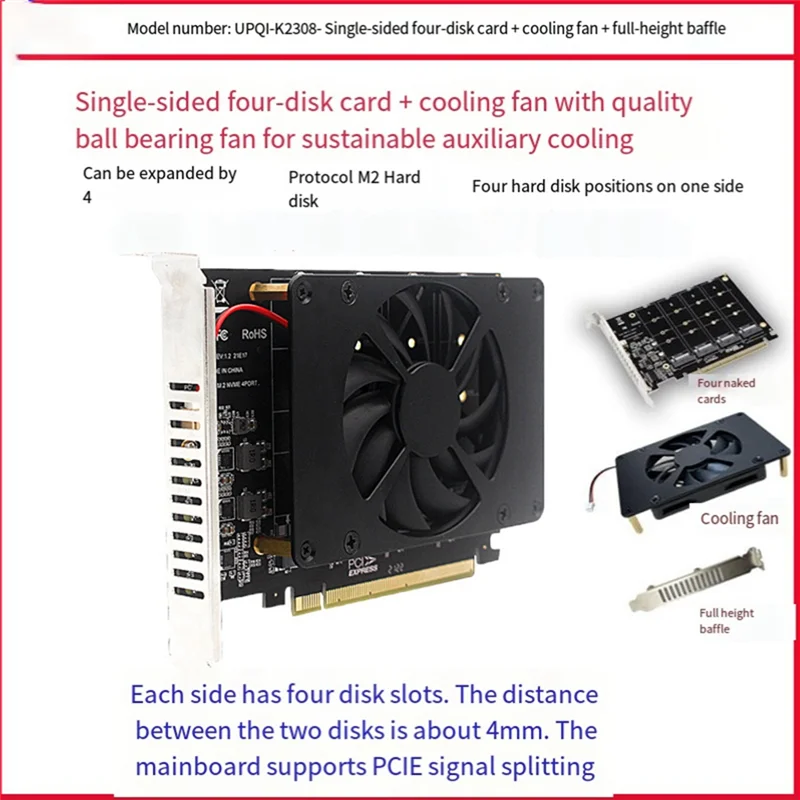 A19E-PCIEX16 NVME M2 MKEY SSD RAID Array Expansion Adapter Card Motherboard PCIE Split Card With Cooling Fan