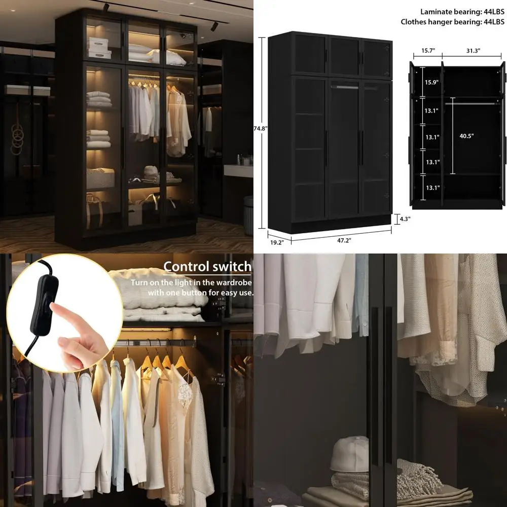 خزانة ملابس خشبية كبيرة مع أضواء LED، وخزانة خزانة بباب زجاجي، وقضيب تعليق وحل تخزين أرفف من 5 طبقات #1