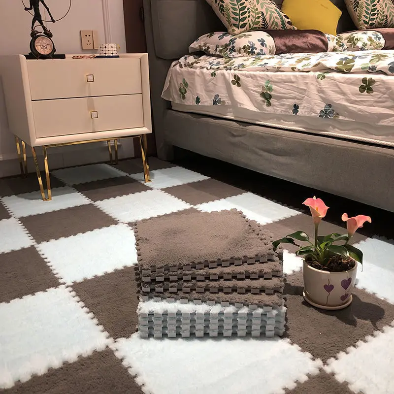 6/12Pcs Plush Colorful Checkered Mat Soft Creative Interlocking Foam Floor Mat Rug Fluffy Exercise Tiles Home Decor 30x30x1CM
