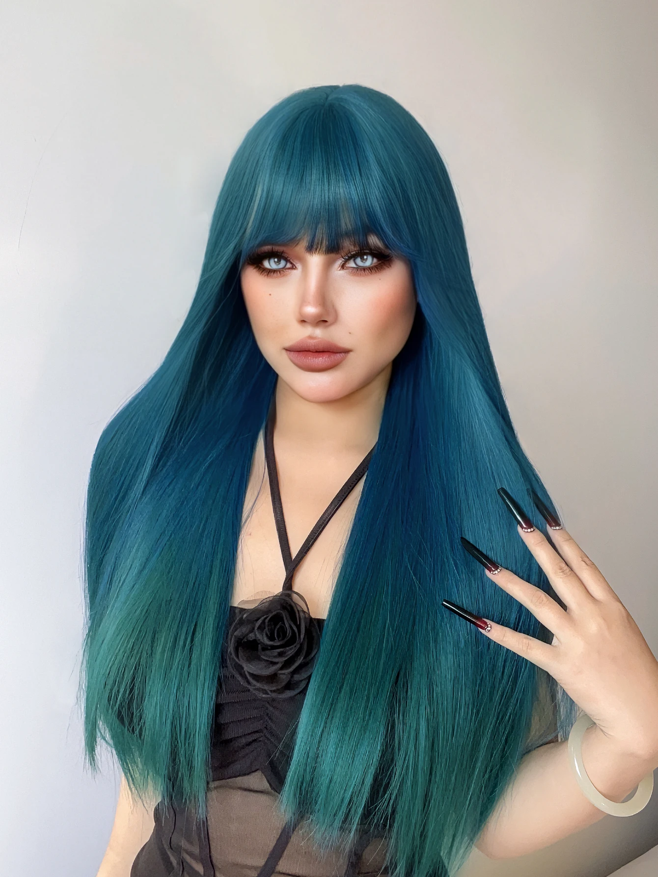 28Inch Teal Blue Color Synthetic Wigs With Bang Long Natural Straight Hair Wig For Women Daily Cosplay Drag Queen Heat Resistant